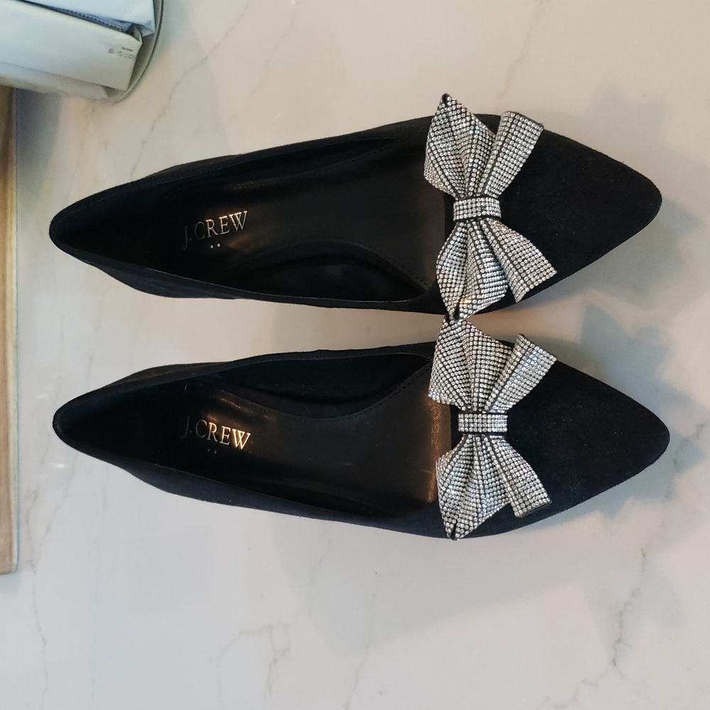 J. Crew Black Heels with Dazzling Silver Bows